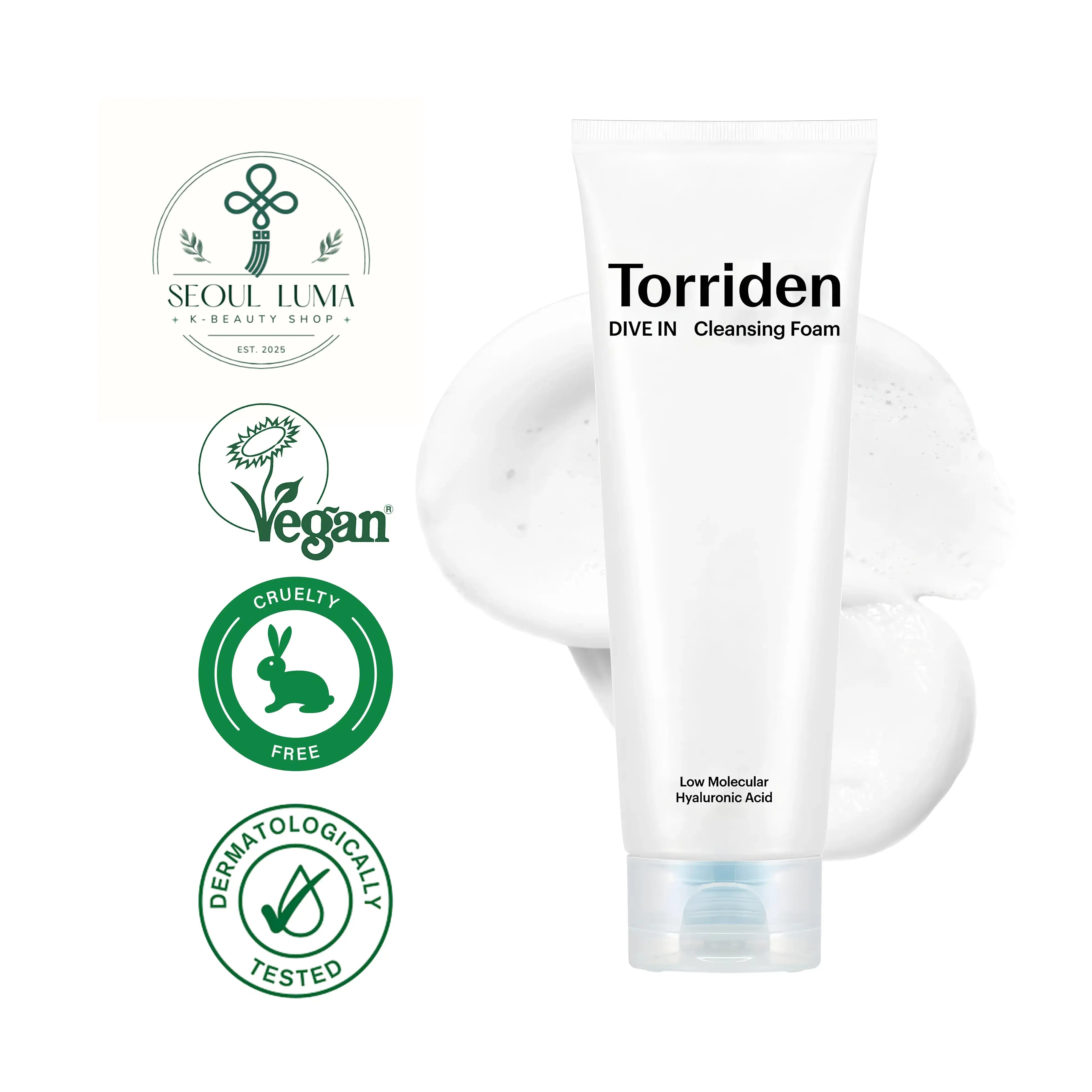 TORRIDEN DIVE-IN Low Molecular Hyaluronic Cleansing Foam with 8D complex, panthenol, and malachite extract for gentle hydrating cleanse